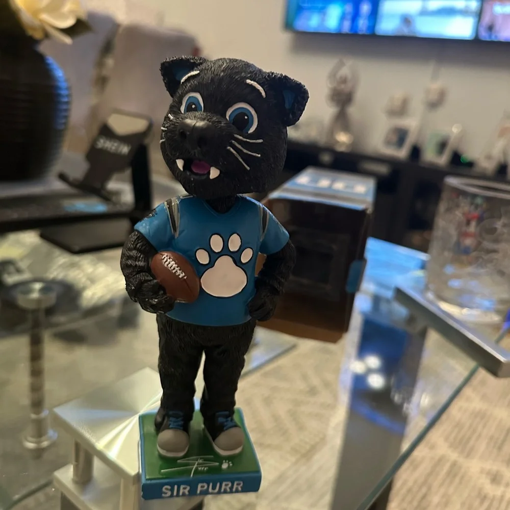 The item in the image is a Sir Purr Carolina Panthers mascot figurine/statue.